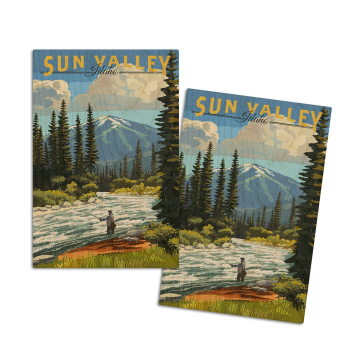Sun Valley, Idaho, Fly Fisherman & River Rapids, Lantern Press Artwork, Wood Signs and Postcards Wood Lantern Press 4x6 Wood Postcard Set 