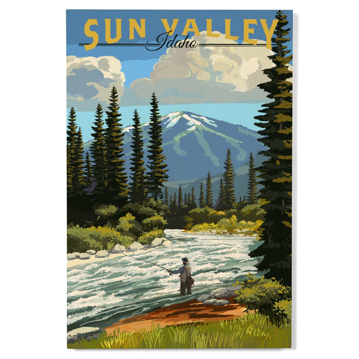 Sun Valley, Idaho, Fly Fisherman & River Rapids, Lantern Press Artwork, Wood Signs and Postcards Wood Lantern Press 