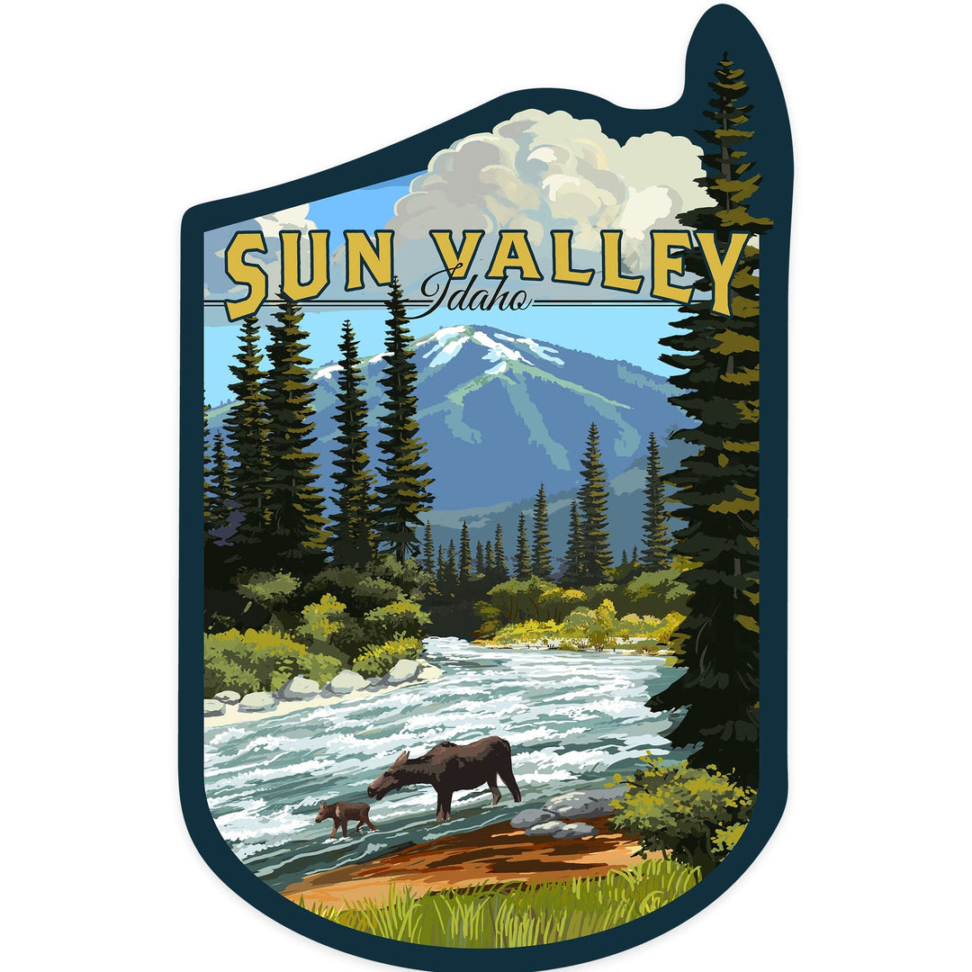 Sun Valley, Idaho, Moose and River Rapids, Contour, Vinyl Sticker Sticker Lantern Press 