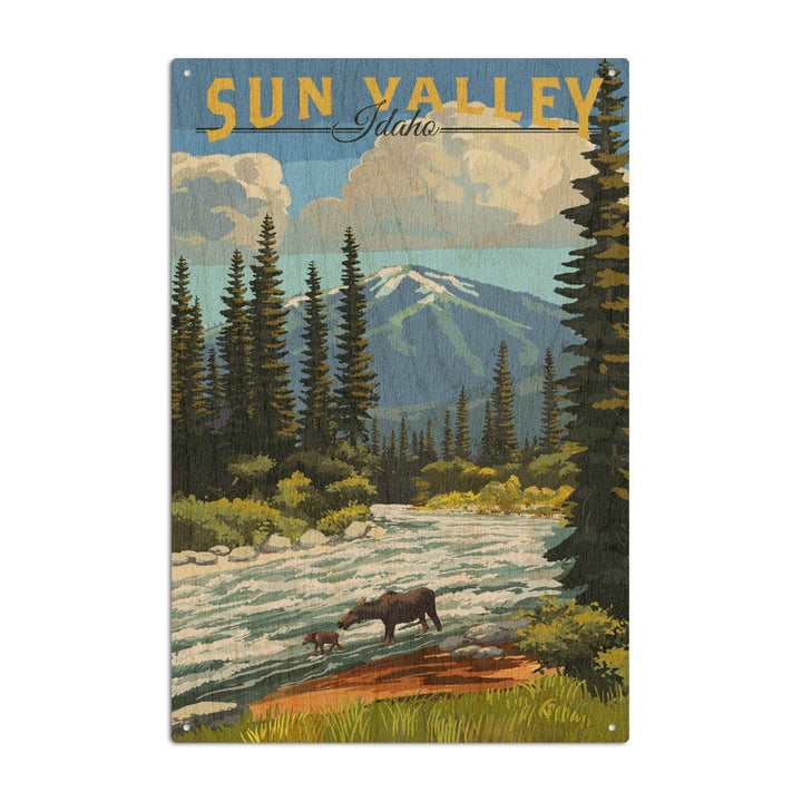 Sun Valley, Idaho, Moose & River Rapids, Lantern Press Artwork, Wood Signs and Postcards Wood Lantern Press 10 x 15 Wood Sign 