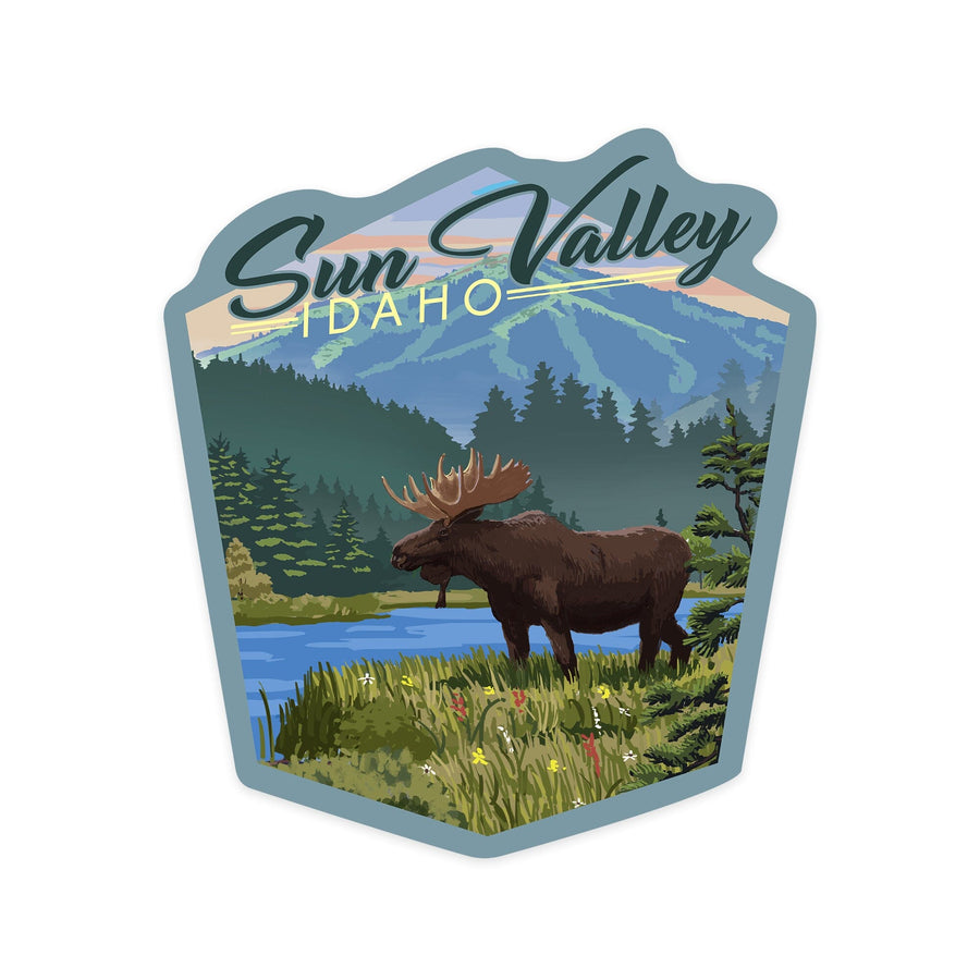 Sun Valley, Idaho, Moose, Summer Scene, Contour, Vinyl Sticker Sticker Lantern Press 