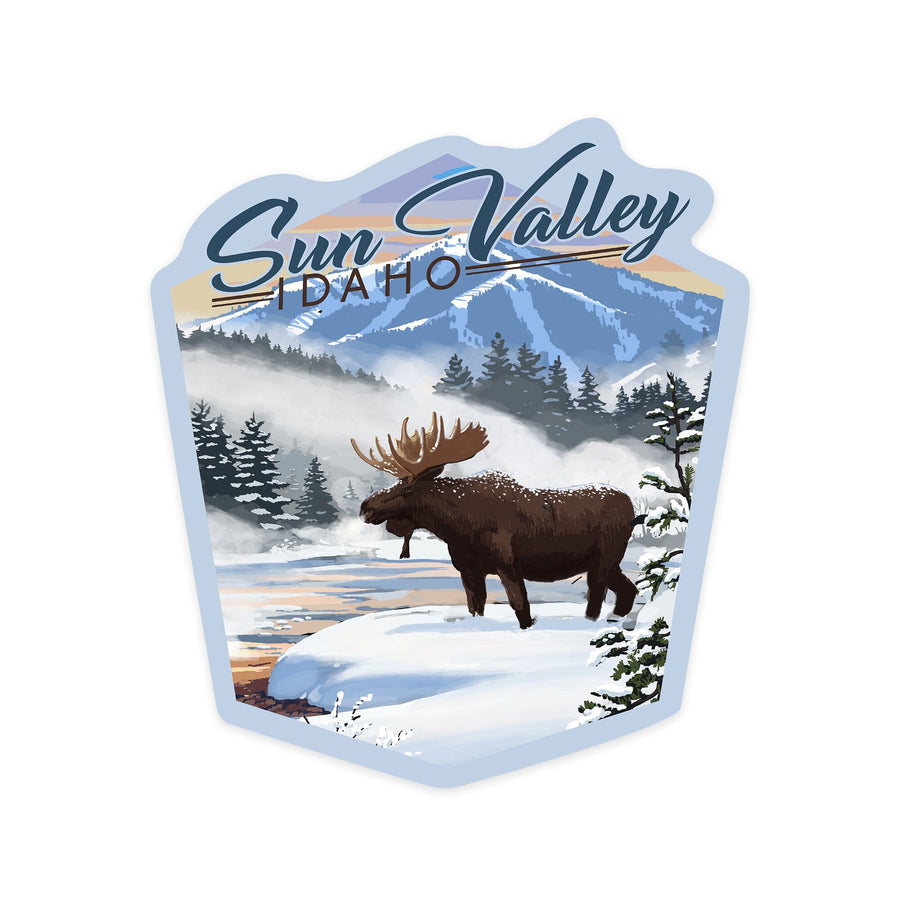 Sun Valley, Idaho, Moose, Winter Scene, Contour, Vinyl Sticker Sticker Lantern Press 