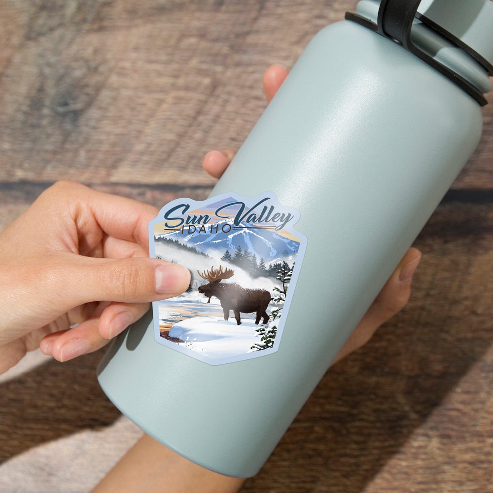 Sun Valley, Idaho, Moose, Winter Scene, Contour, Vinyl Sticker Sticker Lantern Press 