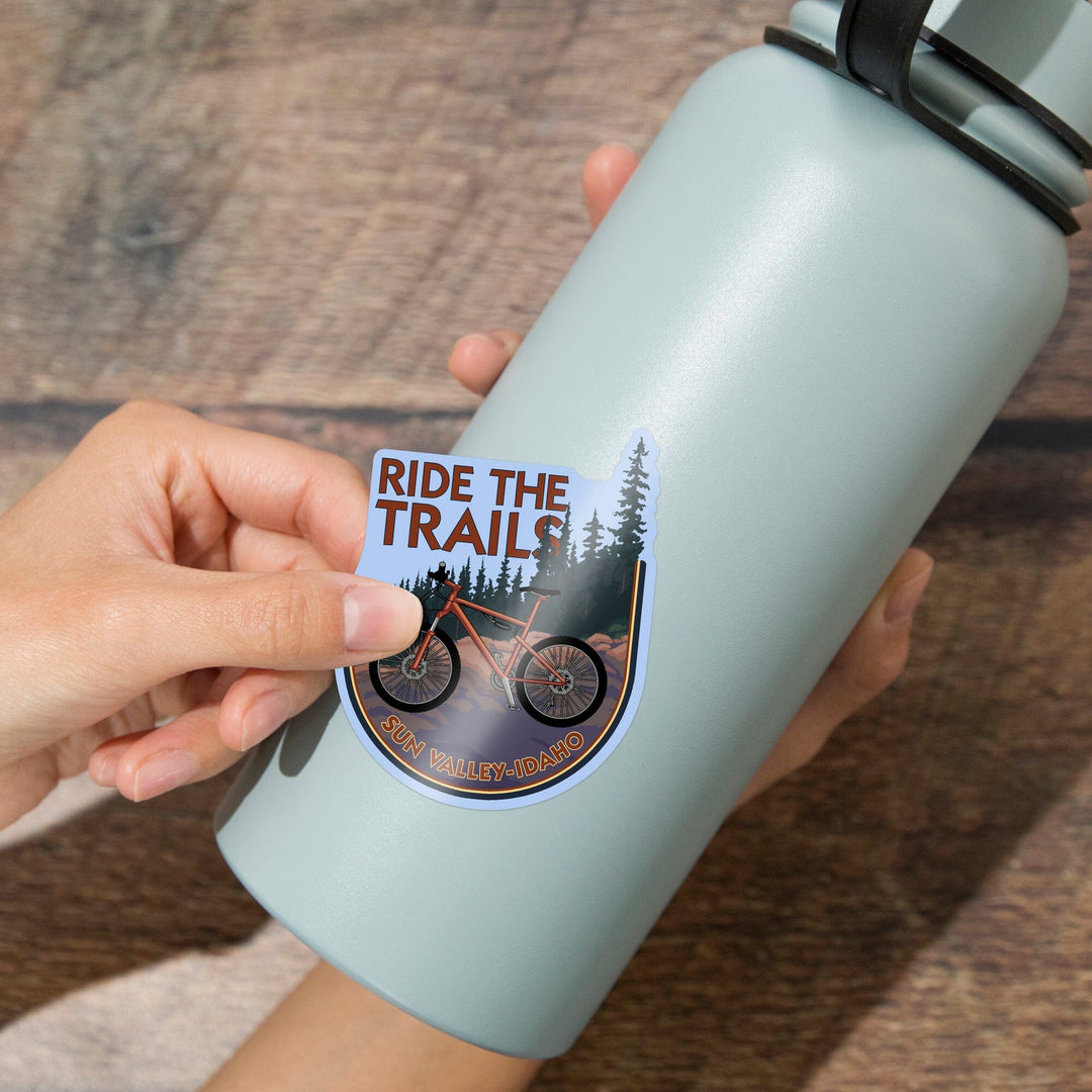 Sun Valley, Idaho, Ride the Trails, Mountain Bike Scene, Contour, Vinyl Sticker Sticker Lantern Press 