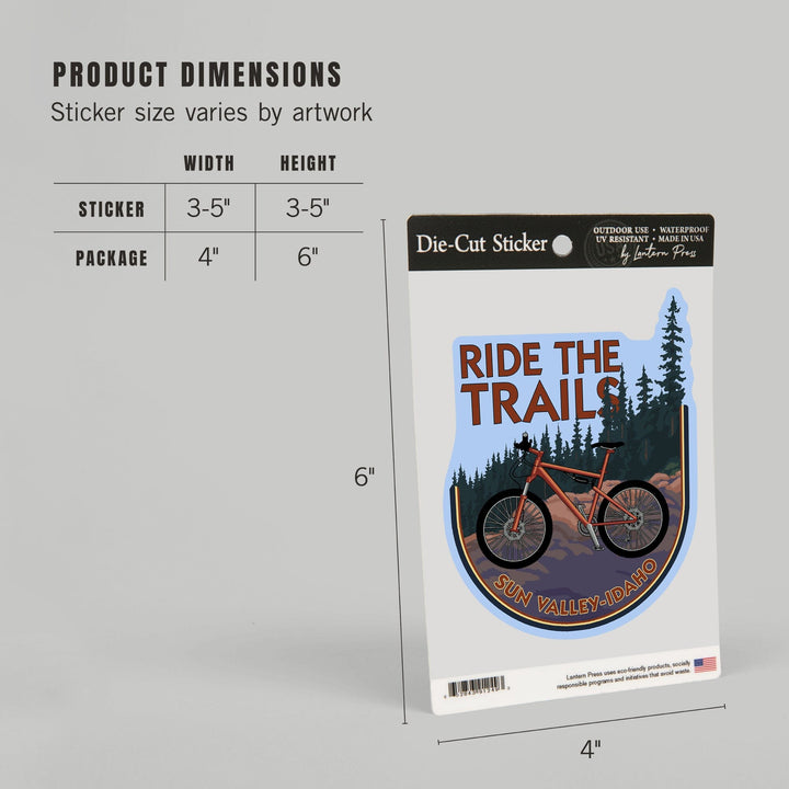 Sun Valley, Idaho, Ride the Trails, Mountain Bike Scene, Contour, Vinyl Sticker Sticker Lantern Press 