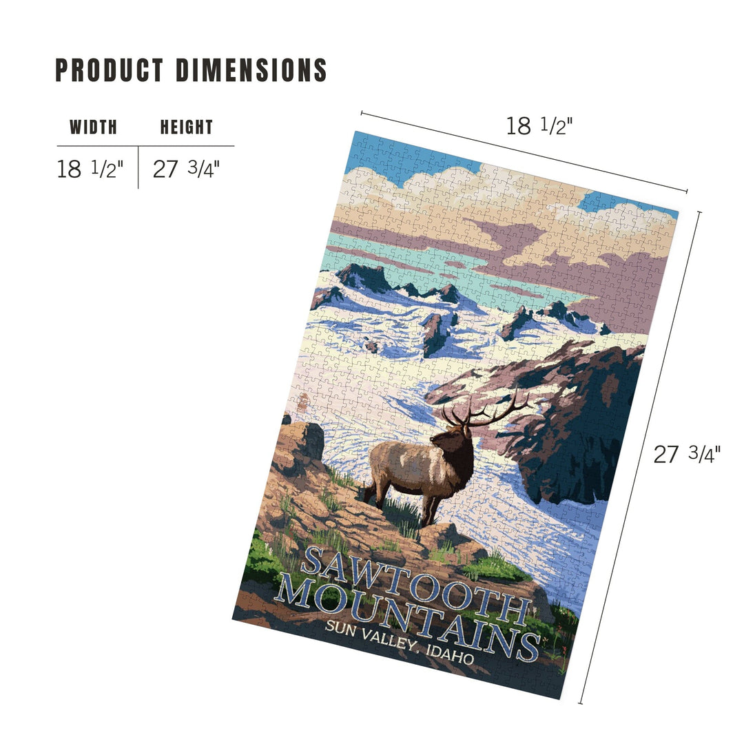 Sun Valley, Idaho, Sawtooth Mountain, Elk and Snowy Mountain, Jigsaw Puzzle Puzzle Lantern Press 
