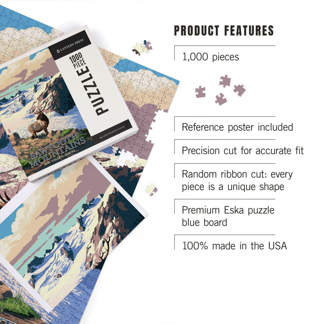 Sun Valley, Idaho, Sawtooth Mountain, Elk and Snowy Mountain, Jigsaw Puzzle Puzzle Lantern Press 