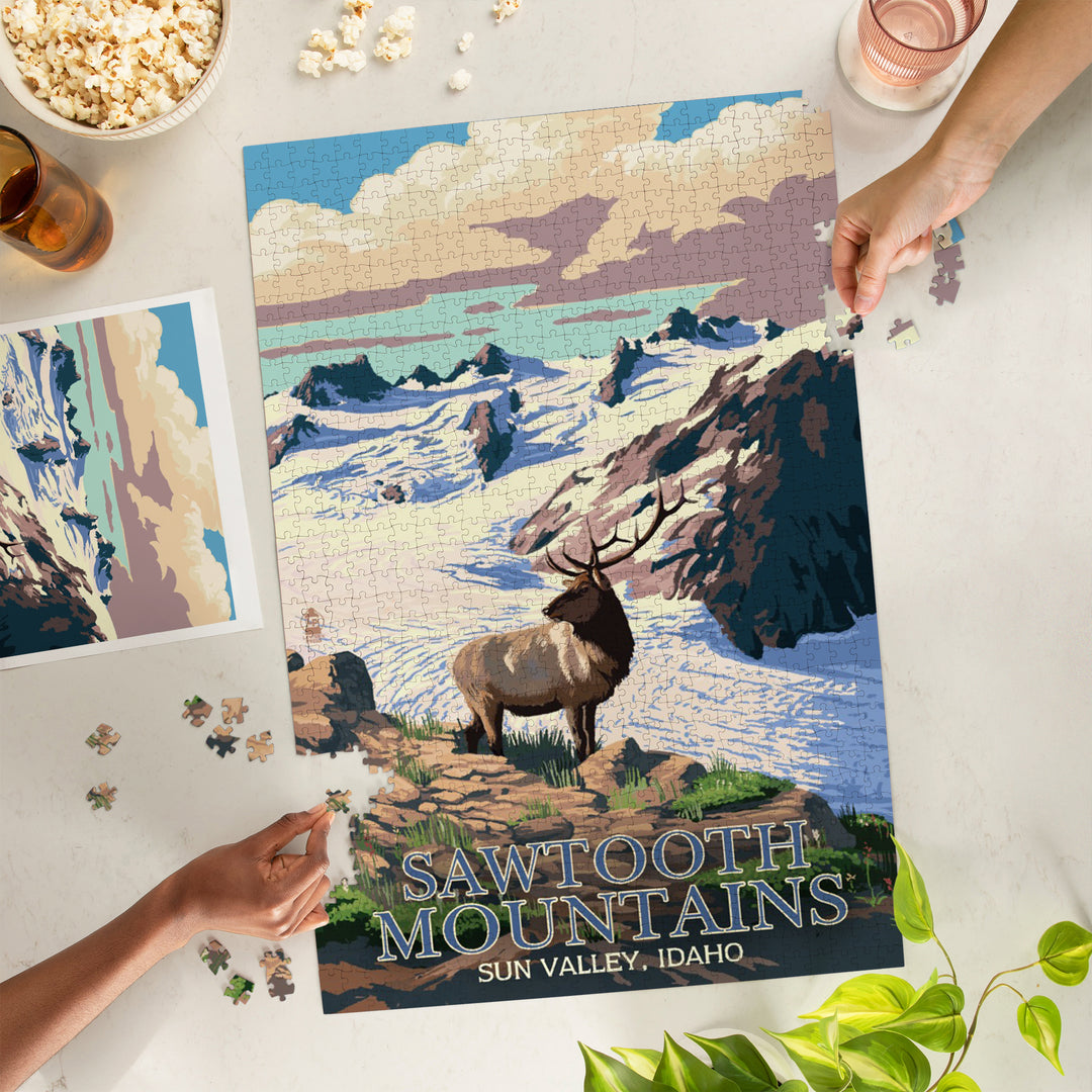 Sun Valley, Idaho, Sawtooth Mountain, Elk and Snowy Mountain, Jigsaw Puzzle Puzzle Lantern Press 