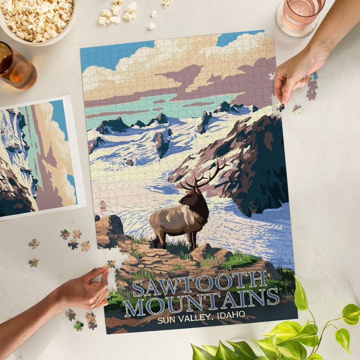 Sun Valley, Idaho, Sawtooth Mountain, Elk and Snowy Mountain, Jigsaw Puzzle Puzzle Lantern Press 