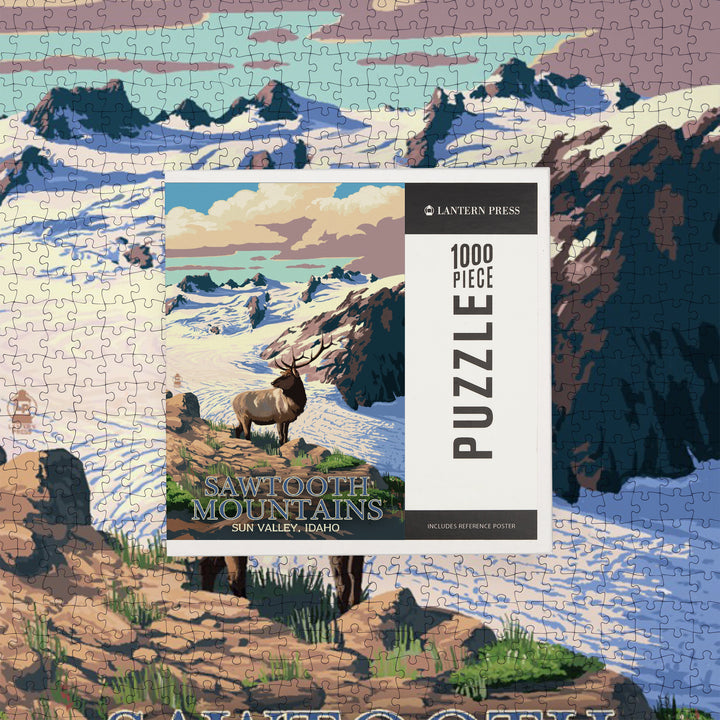 Sun Valley, Idaho, Sawtooth Mountain, Elk and Snowy Mountain, Jigsaw Puzzle Puzzle Lantern Press 
