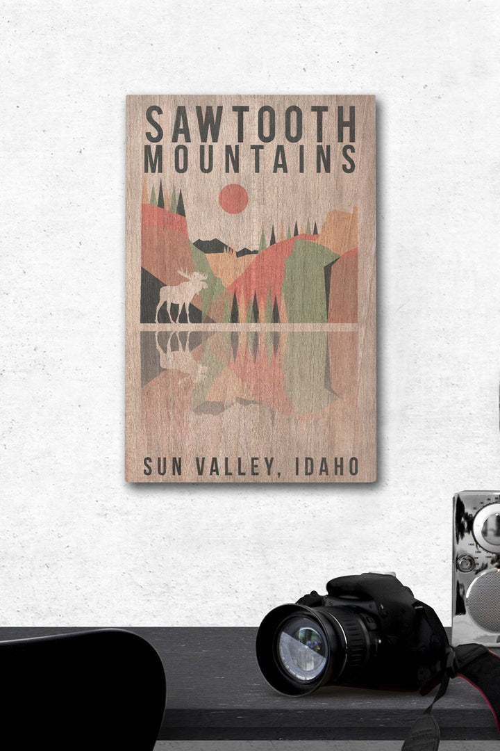 Sun Valley, Idaho, Sawtooth Mountains, Moose, Geometric Opacity, Lantern Press Artwork, Wood Signs and Postcards Wood Lantern Press 12 x 18 Wood Gallery Print 