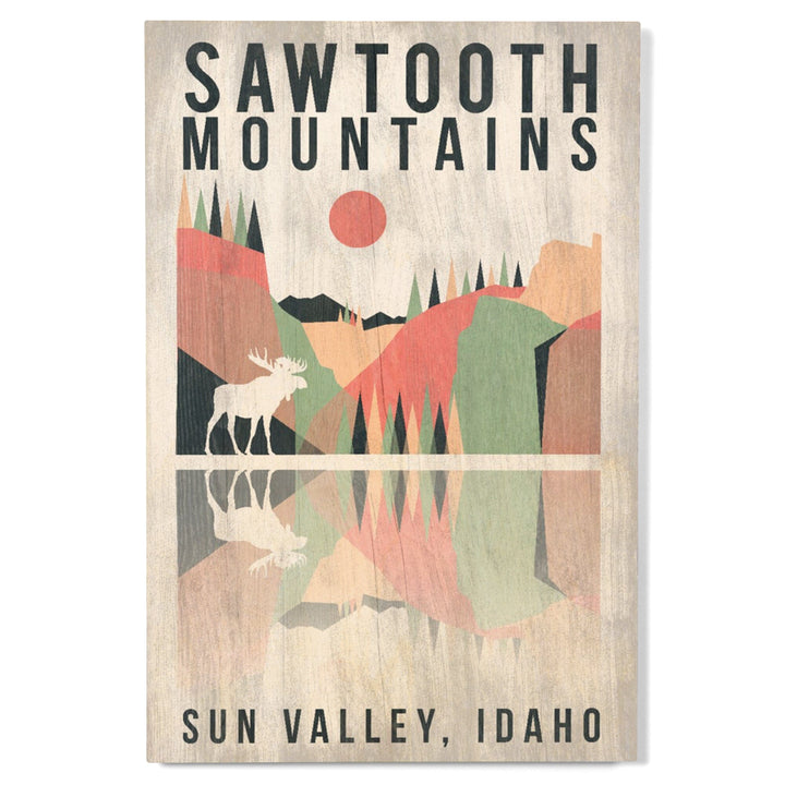 Sun Valley, Idaho, Sawtooth Mountains, Moose, Geometric Opacity, Lantern Press Artwork, Wood Signs and Postcards Wood Lantern Press 