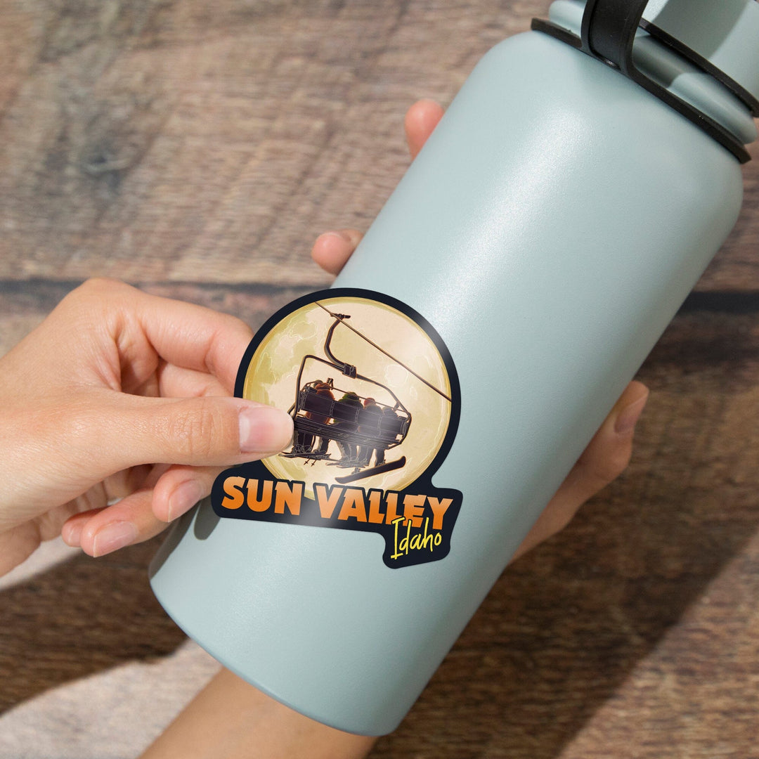 Sun Valley, Idaho, Ski Lift and Full Moon, Contour, Vinyl Sticker Sticker Lantern Press 