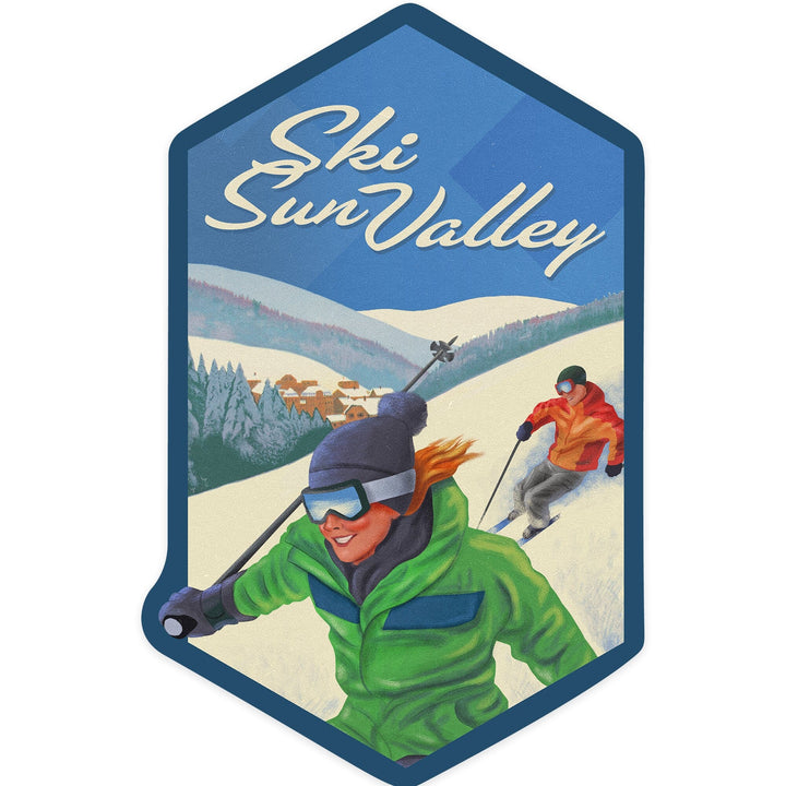 Sun Valley, Idaho, Ski, Woman Skiing, Contour, Vinyl Sticker Sticker Lantern Press 