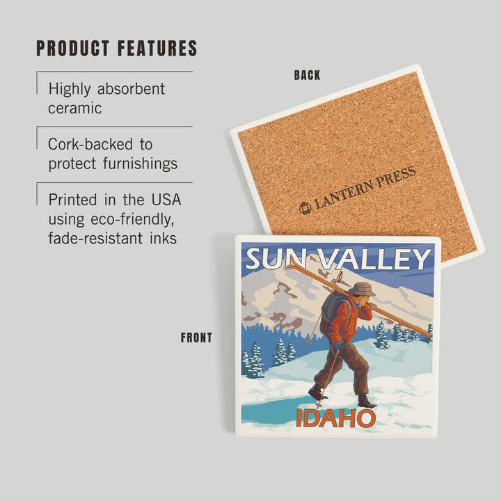 Sun Valley, Idaho, Skier Carrying Snow Skis, Coasters Coasters Lantern Press 