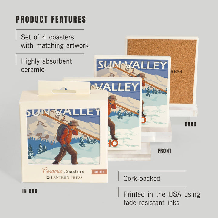 Sun Valley, Idaho, Skier Carrying Snow Skis, Coasters Coasters Lantern Press 