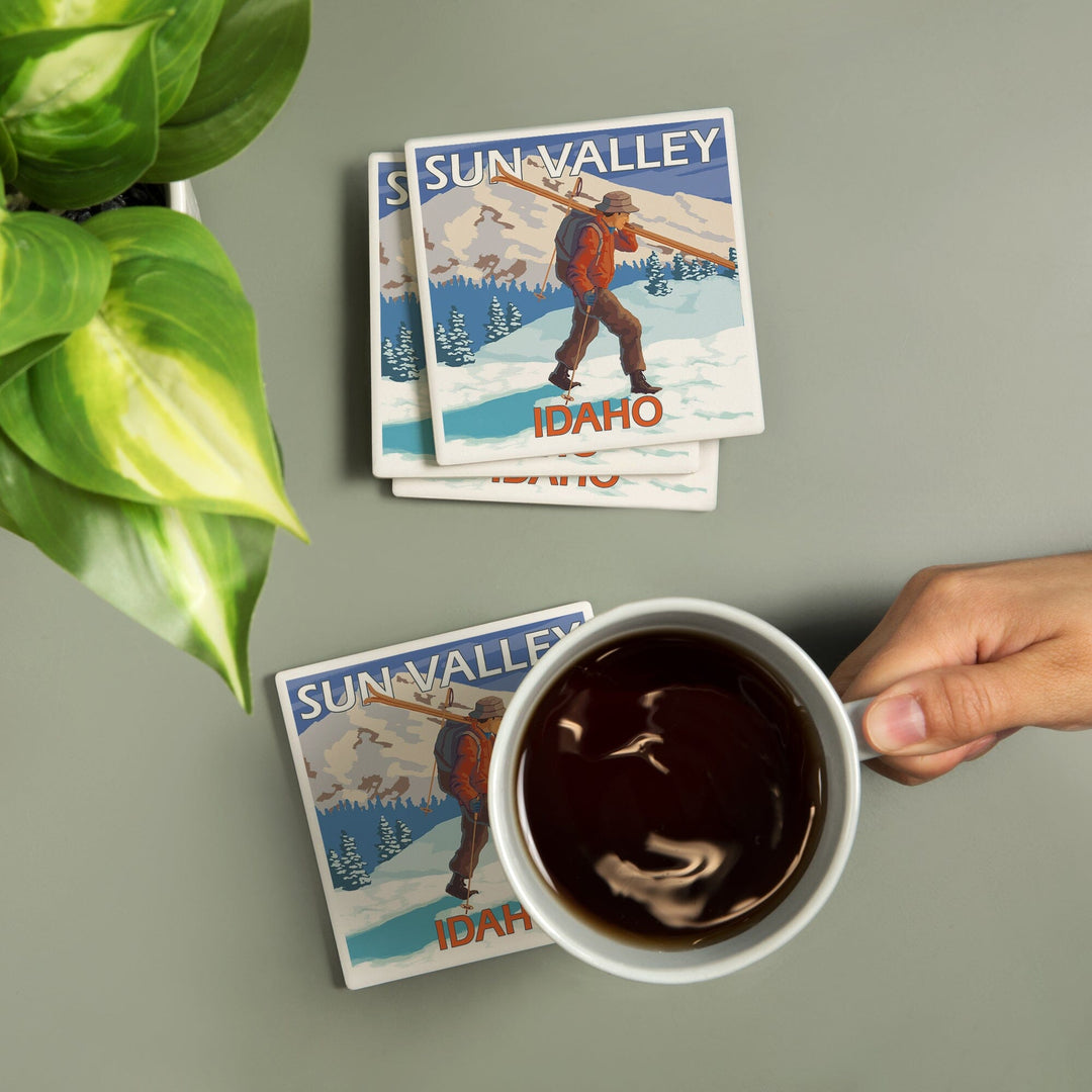 Sun Valley, Idaho, Skier Carrying Snow Skis, Coasters Coasters Lantern Press 