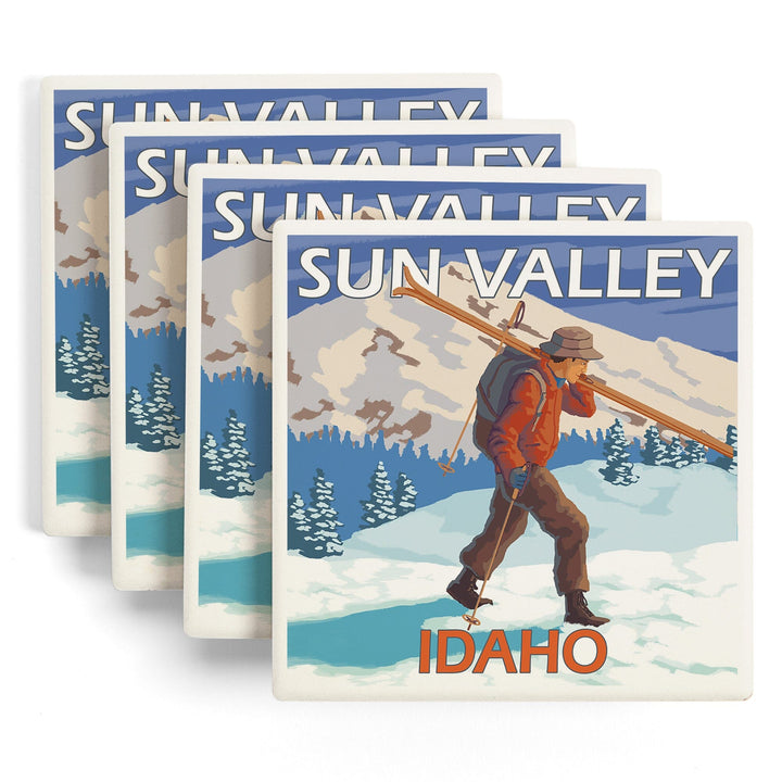 Sun Valley, Idaho, Skier Carrying Snow Skis, Coasters Coasters Lantern Press 