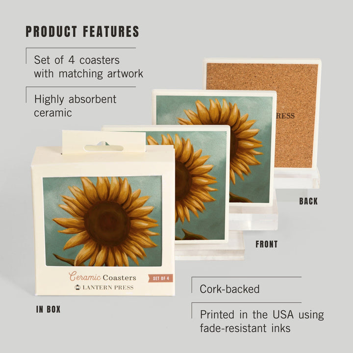 Sunflower, Oil Painting, Lantern Press Artwork, Coaster Set Coasters Lantern Press 