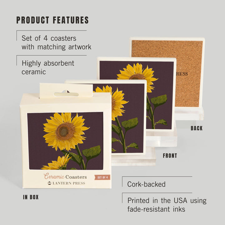 Sunflowers, Letterpress, Lantern Press Artwork, Coaster Set Coasters Lantern Press 