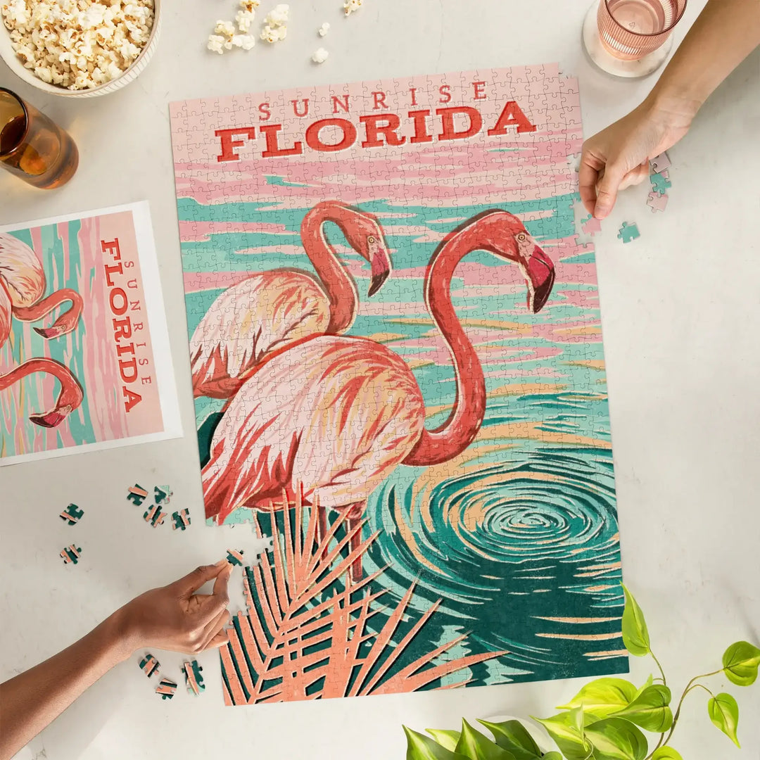 Sunrise, Florida, Flamingo, Vintage Print Press, Jigsaw Puzzle Puzzle Lantern Press 