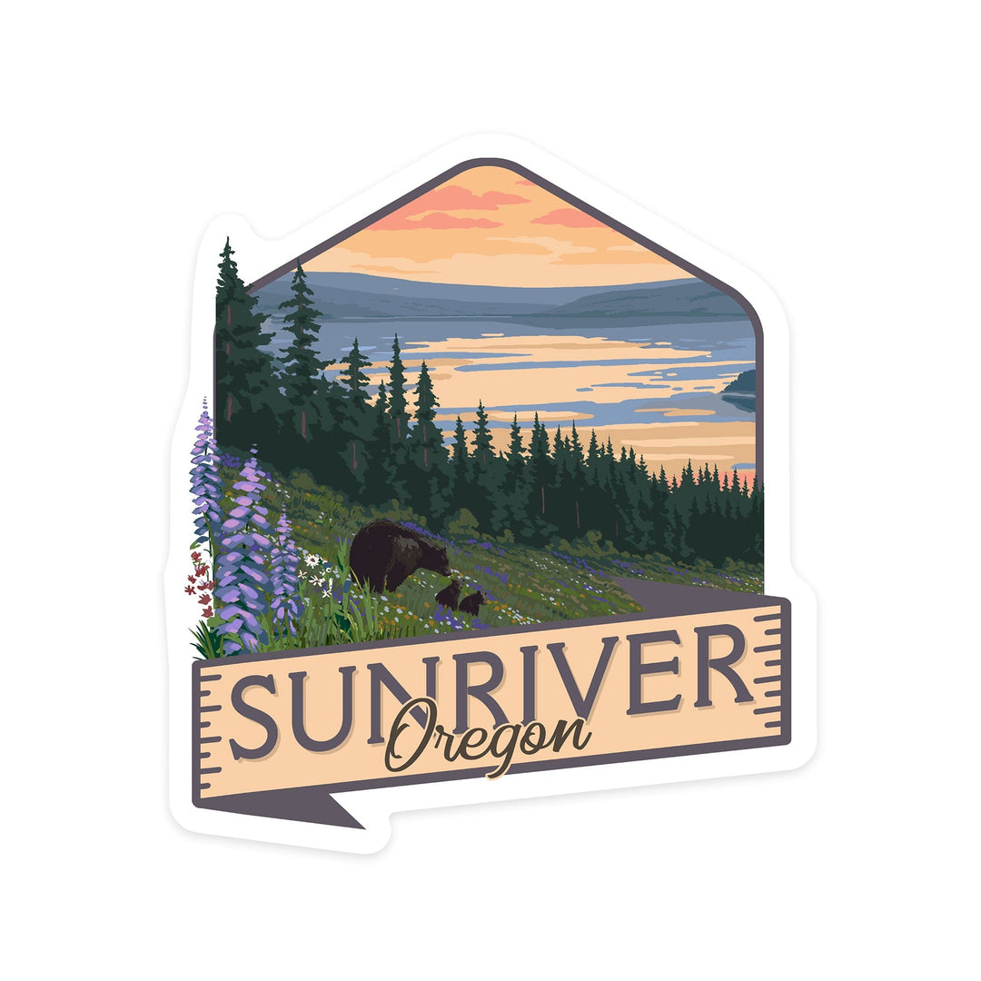 Sunriver, Oregon, Bears & Spring Flowers, Contour, Lantern Press Artwork, Vinyl Sticker Sticker Lantern Press 