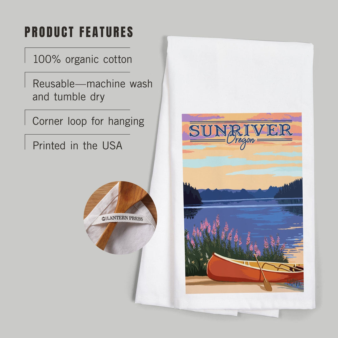 Sunriver, Oregon, Canoe and Lake, Organic Cotton Kitchen Tea Towels Kitchen Lantern Press 