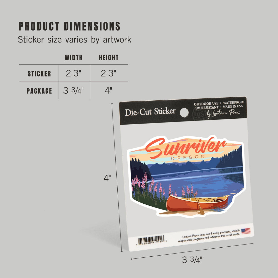 Sunriver, Oregon, Canoe & Lake, Contour, Lantern Press Artwork, Vinyl Sticker Sticker Lantern Press 
