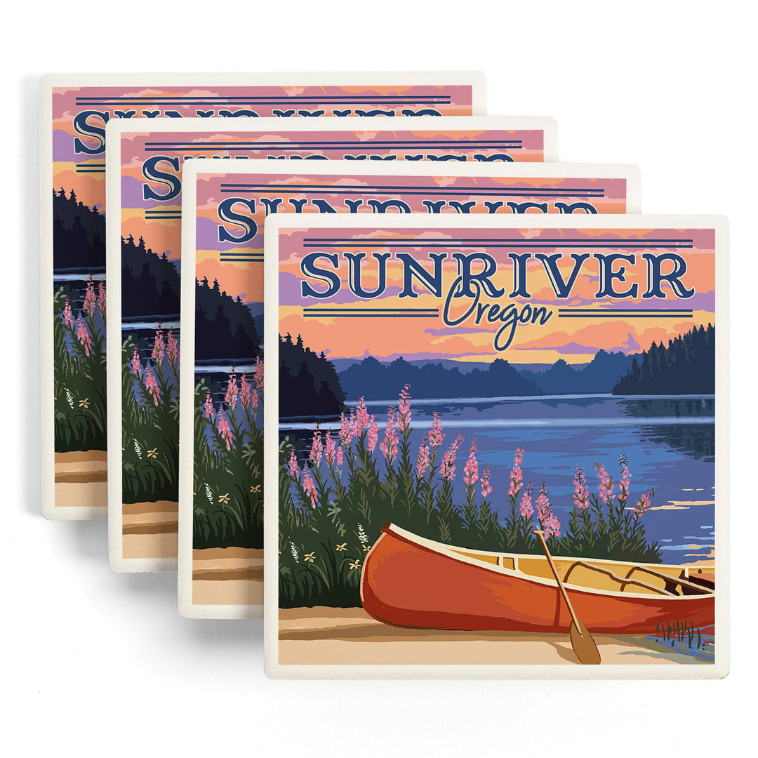 Sunriver, Oregon, Canoe & Lake, Lantern Press Artwork, Coaster Set Coasters Lantern Press 