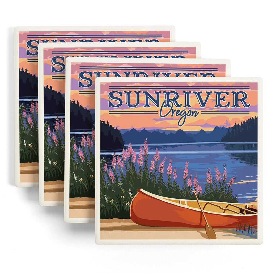 Sunriver, Oregon, Canoe & Lake, Lantern Press Artwork, Coaster Set Coasters Lantern Press 