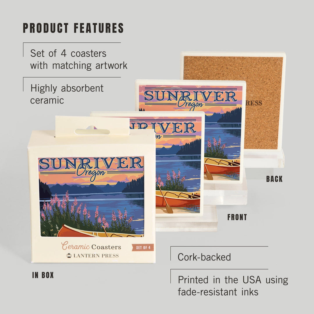 Sunriver, Oregon, Canoe & Lake, Lantern Press Artwork, Coaster Set Coasters Lantern Press 