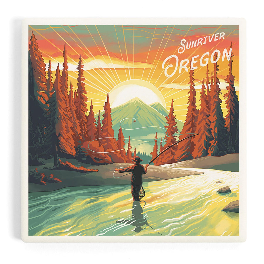 Sunriver, Oregon, Get Outside Series, This is Living, Fishing with Mountain, Coasters Coasters Lantern Press 
