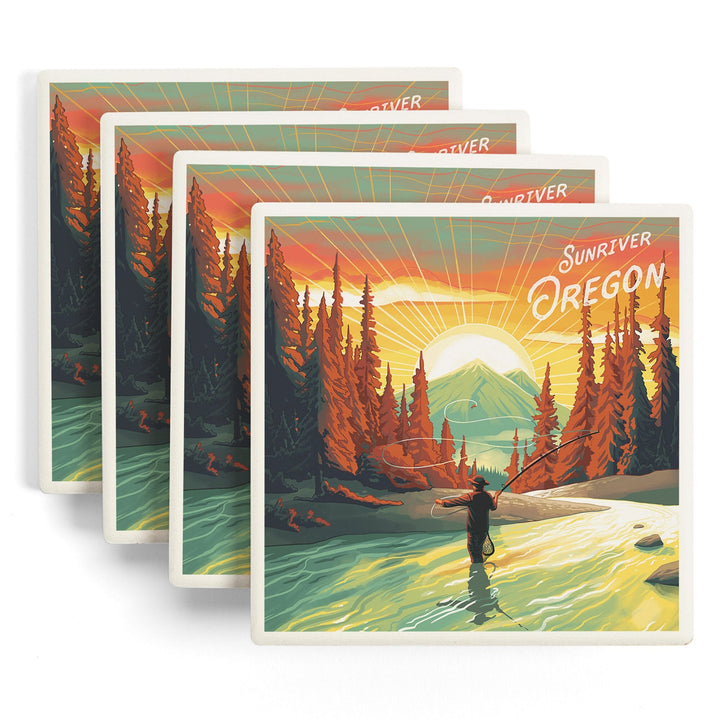 Sunriver, Oregon, Get Outside Series, This is Living, Fishing with Mountain, Coasters Coasters Lantern Press 