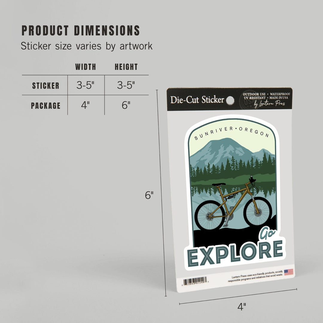 Sunriver, Oregon, Go Explore, Bike, Contour, Lantern Press Artwork, Vinyl Sticker Sticker Lantern Press 