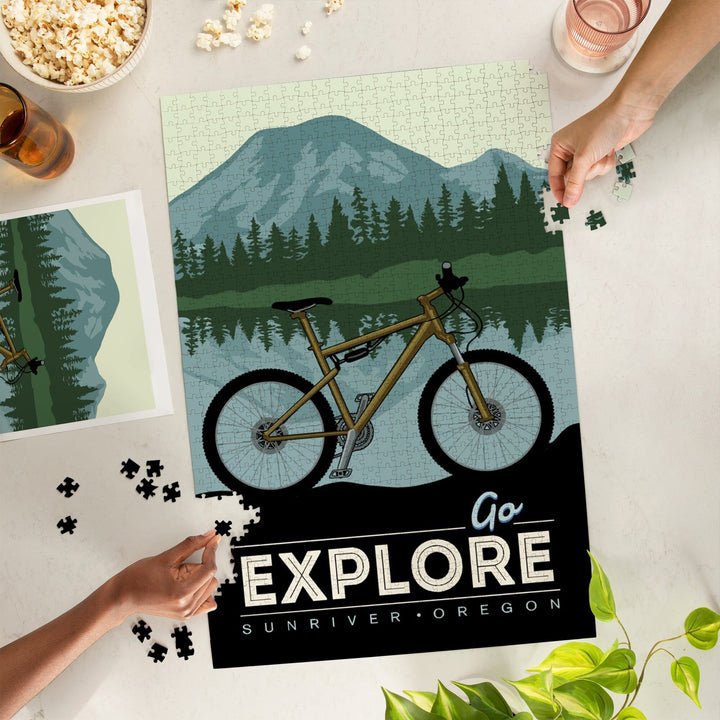 Sunriver, Oregon, Go Explore, Bike, Jigsaw Puzzle Puzzle Lantern Press 