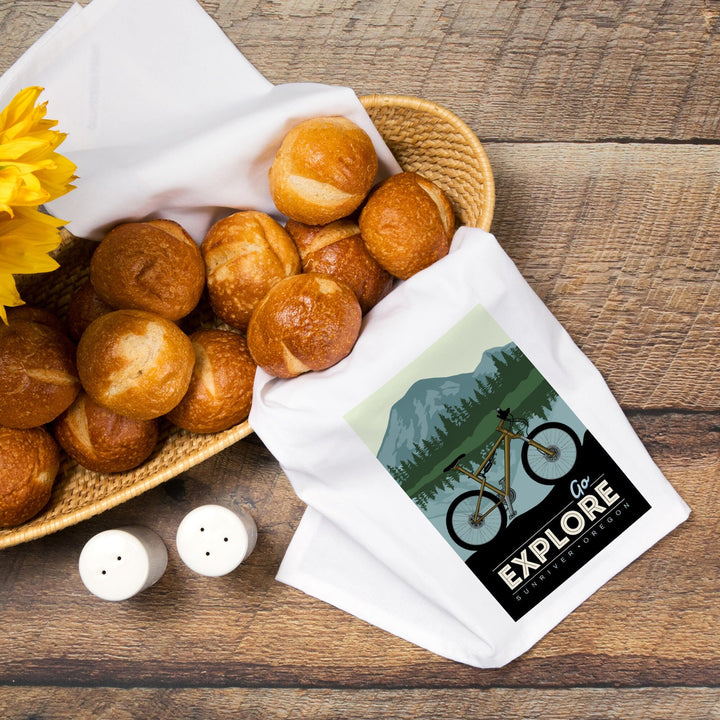Sunriver, Oregon, Go Explore, Bike, Organic Cotton Kitchen Tea Towels Kitchen Lantern Press 