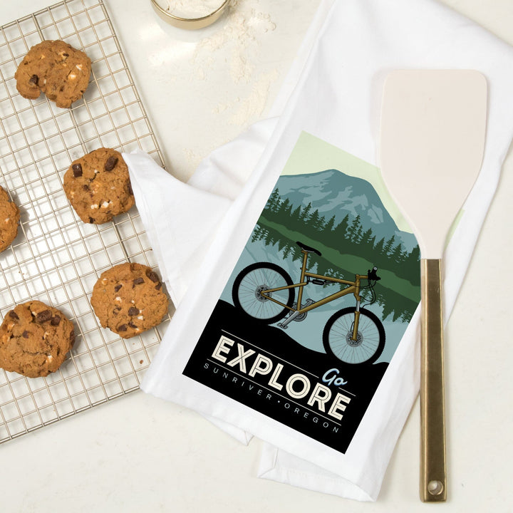 Sunriver, Oregon, Go Explore, Bike, Organic Cotton Kitchen Tea Towels Kitchen Lantern Press 