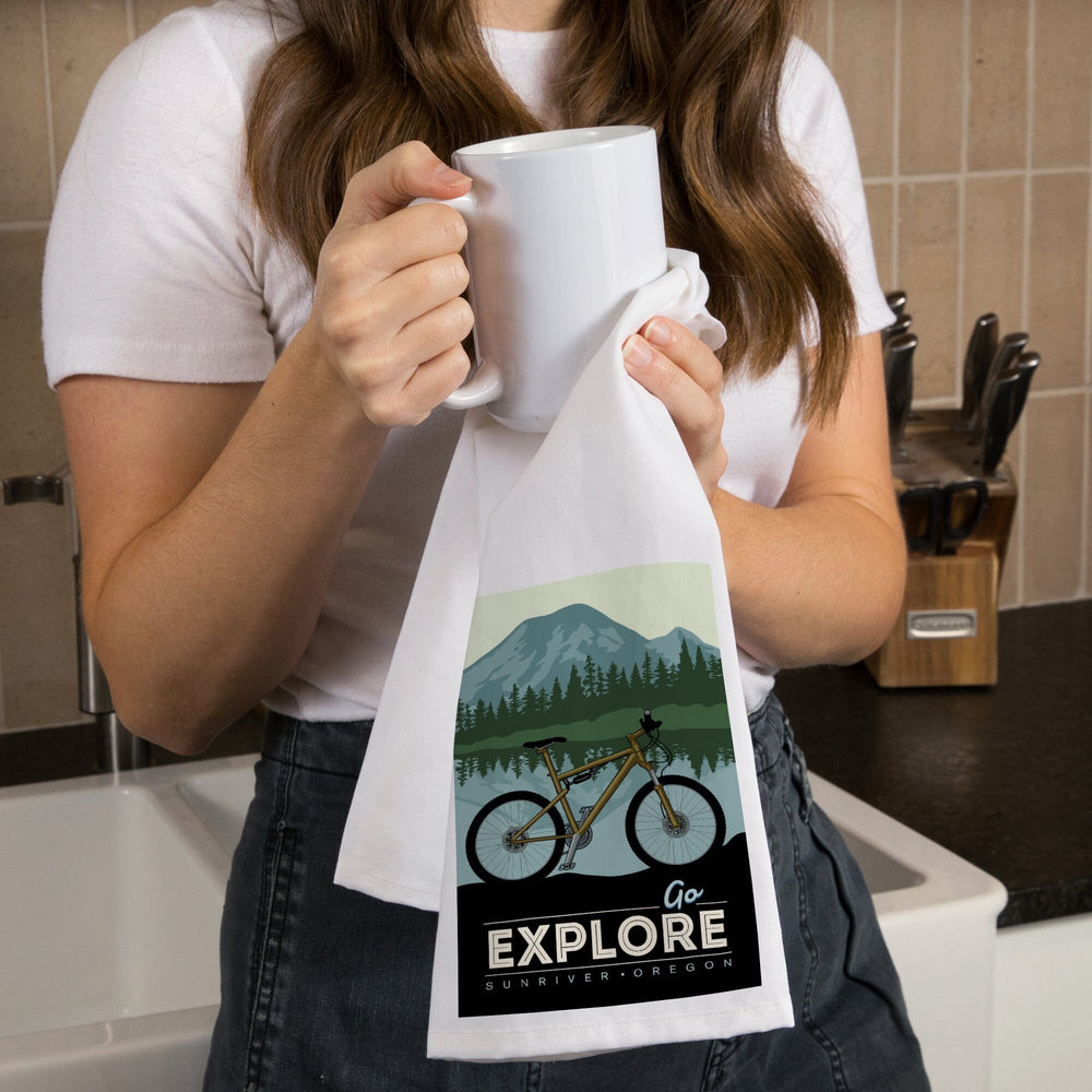 Sunriver, Oregon, Go Explore, Bike, Organic Cotton Kitchen Tea Towels Kitchen Lantern Press 