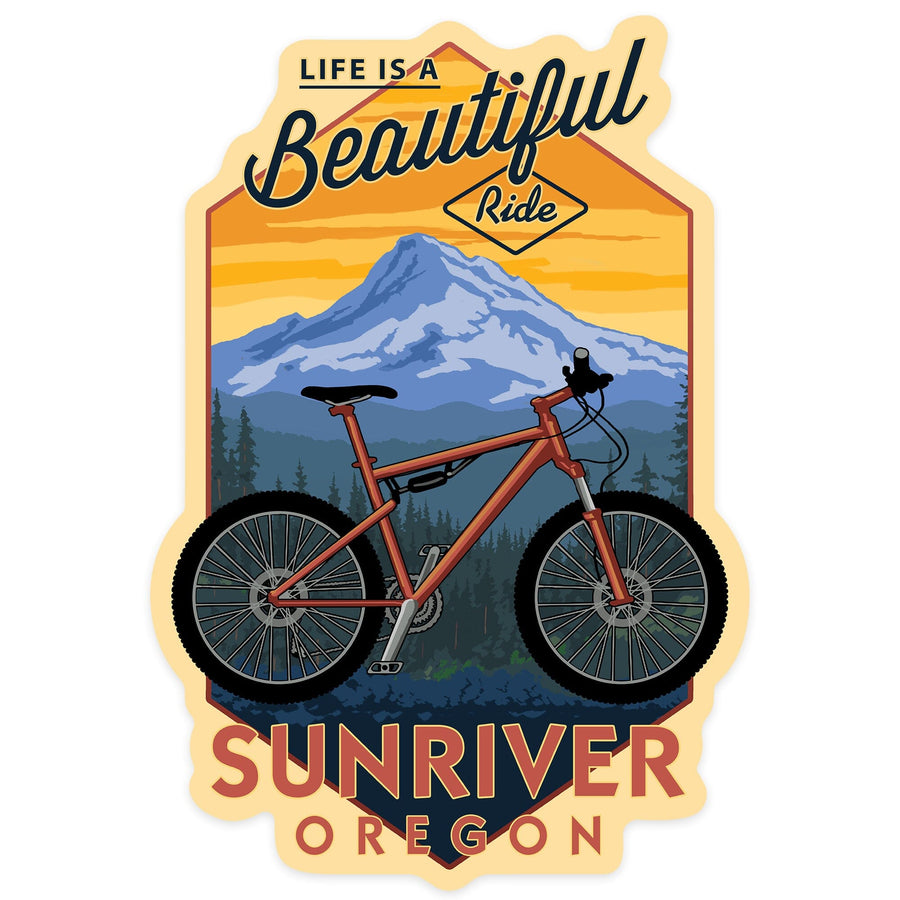 Sunriver, Oregon, Life is a Beautiful Ride, Mountain Bike, Contour, Lantern Press Artwork, Vinyl Sticker Sticker Lantern Press 