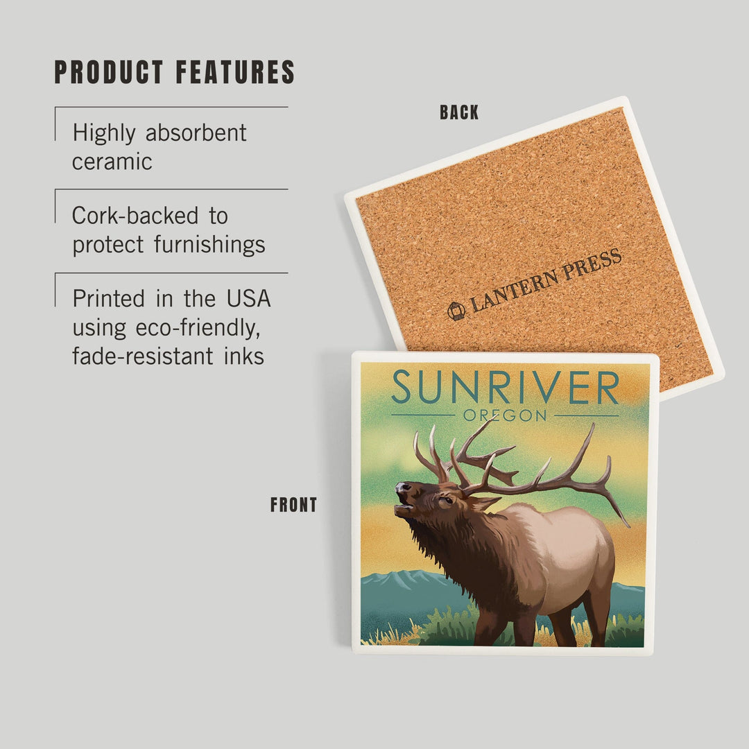 Sunriver, Oregon, Lithograph, Elk, Coasters Coasters Lantern Press 