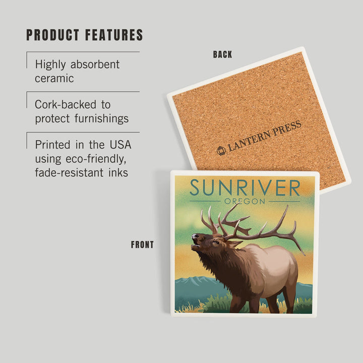 Sunriver, Oregon, Lithograph, Elk, Coasters Coasters Lantern Press 