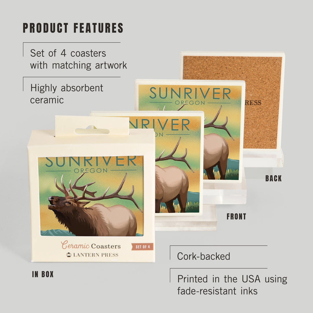 Sunriver, Oregon, Lithograph, Elk, Coasters Coasters Lantern Press 
