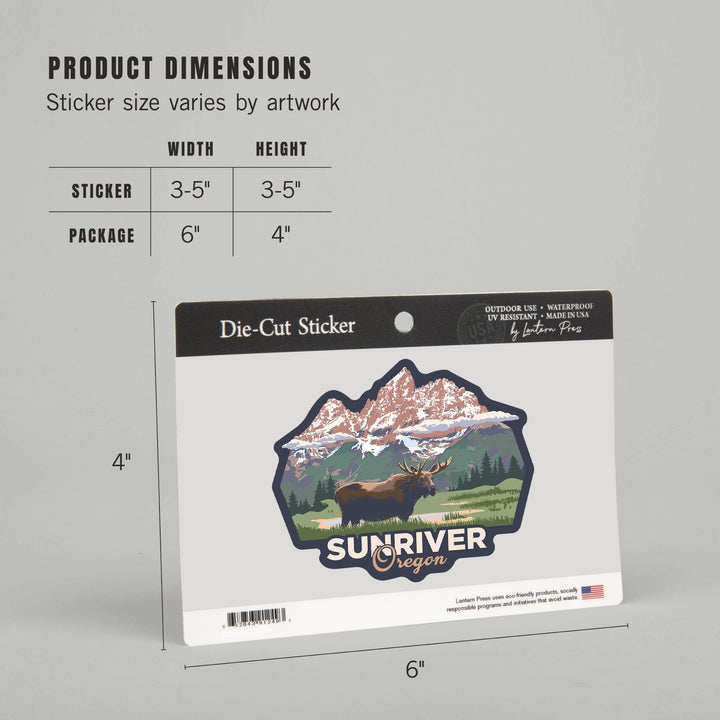 Sunriver, Oregon, Moose & Mountains, Contour, Lantern Press Artwork, Vinyl Sticker Sticker Lantern Press 