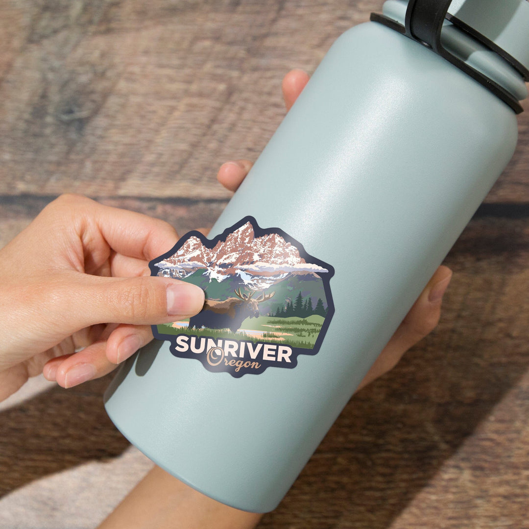 Sunriver, Oregon, Moose & Mountains, Contour, Lantern Press Artwork, Vinyl Sticker Sticker Lantern Press 