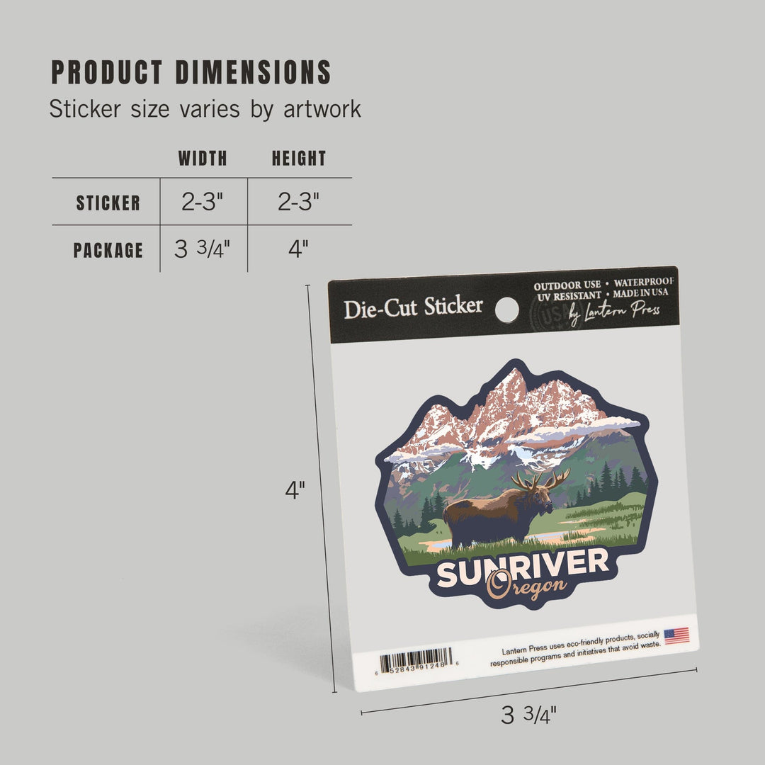 Sunriver, Oregon, Moose & Mountains, Contour, Lantern Press Artwork, Vinyl Sticker Sticker Lantern Press 