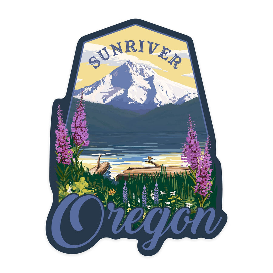 Sunriver, Oregon, Mountain & Lake Scene, Contour, Lantern Press Artwork, Vinyl Sticker Sticker Lantern Press 
