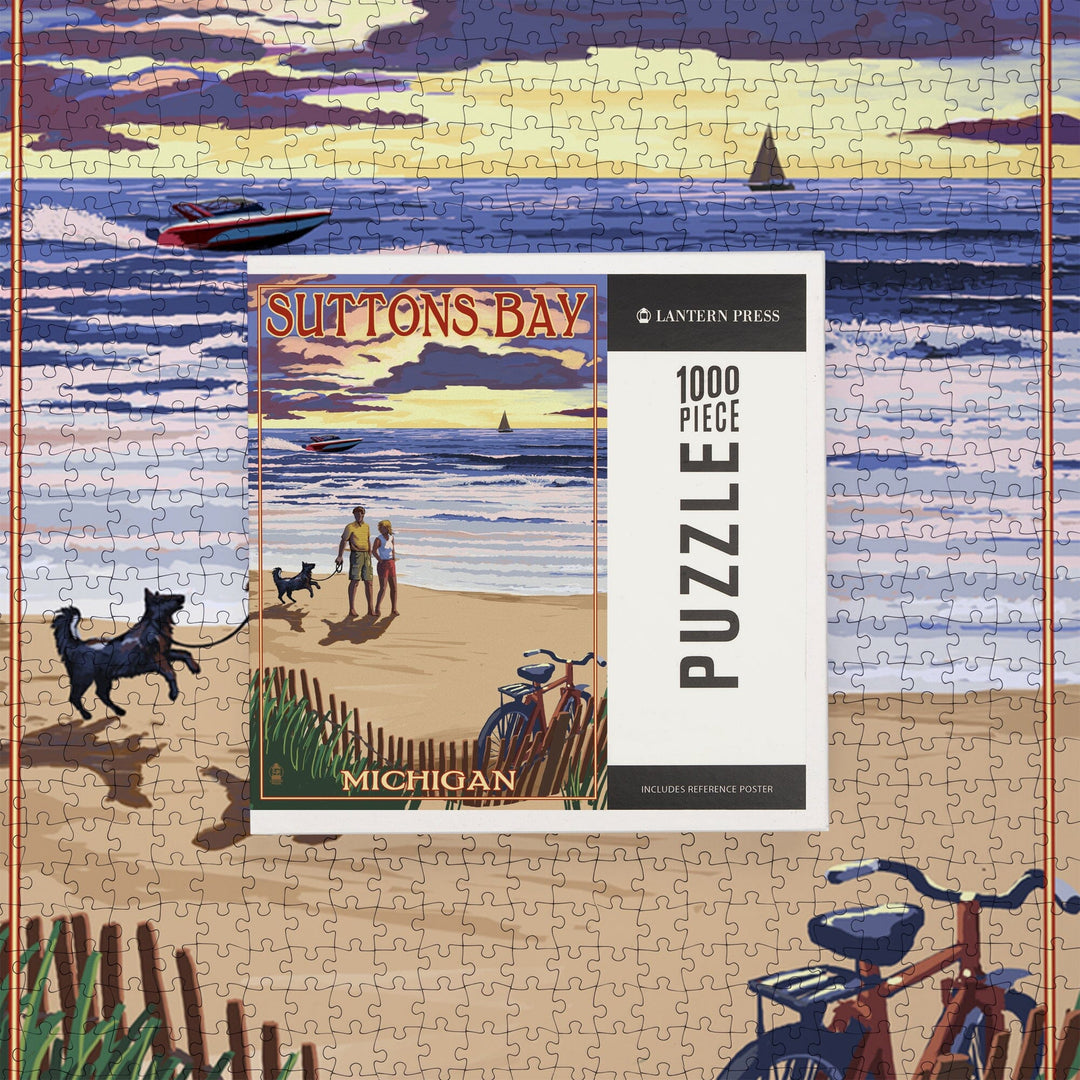 Suttons Bay, Michigan, Sunset on Beach, Jigsaw Puzzle Puzzle Lantern Press 