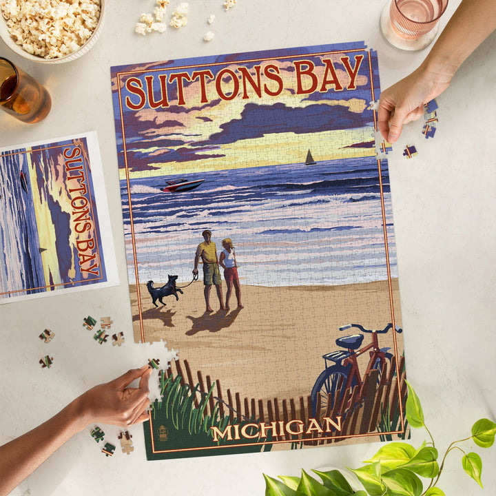 Suttons Bay, Michigan, Sunset on Beach, Jigsaw Puzzle Puzzle Lantern Press 