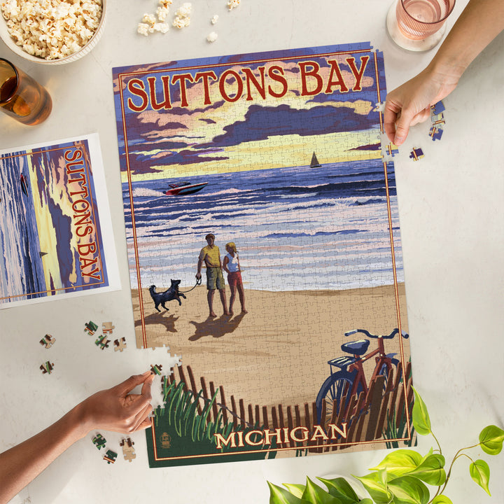 Suttons Bay, Michigan, Sunset on Beach, Jigsaw Puzzle Puzzle Lantern Press 