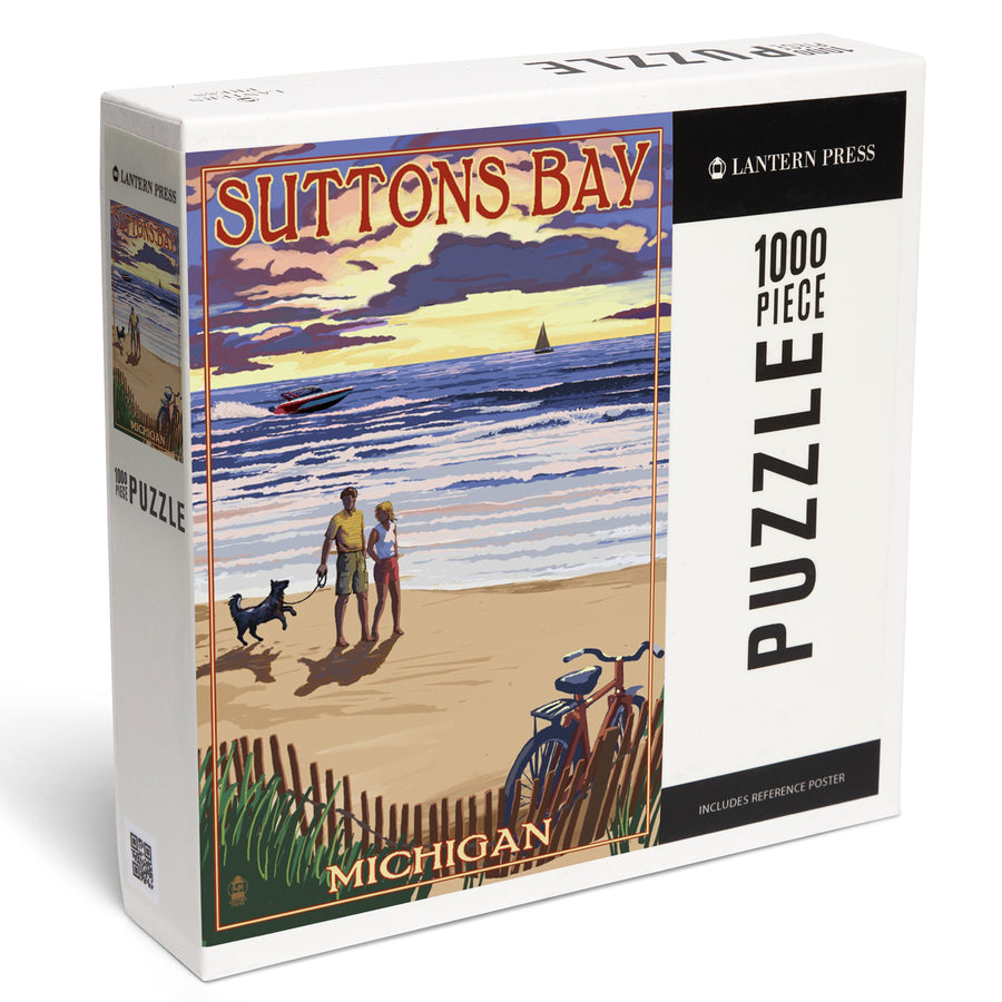 Suttons Bay, Michigan, Sunset on Beach, Jigsaw Puzzle Puzzle Lantern Press 